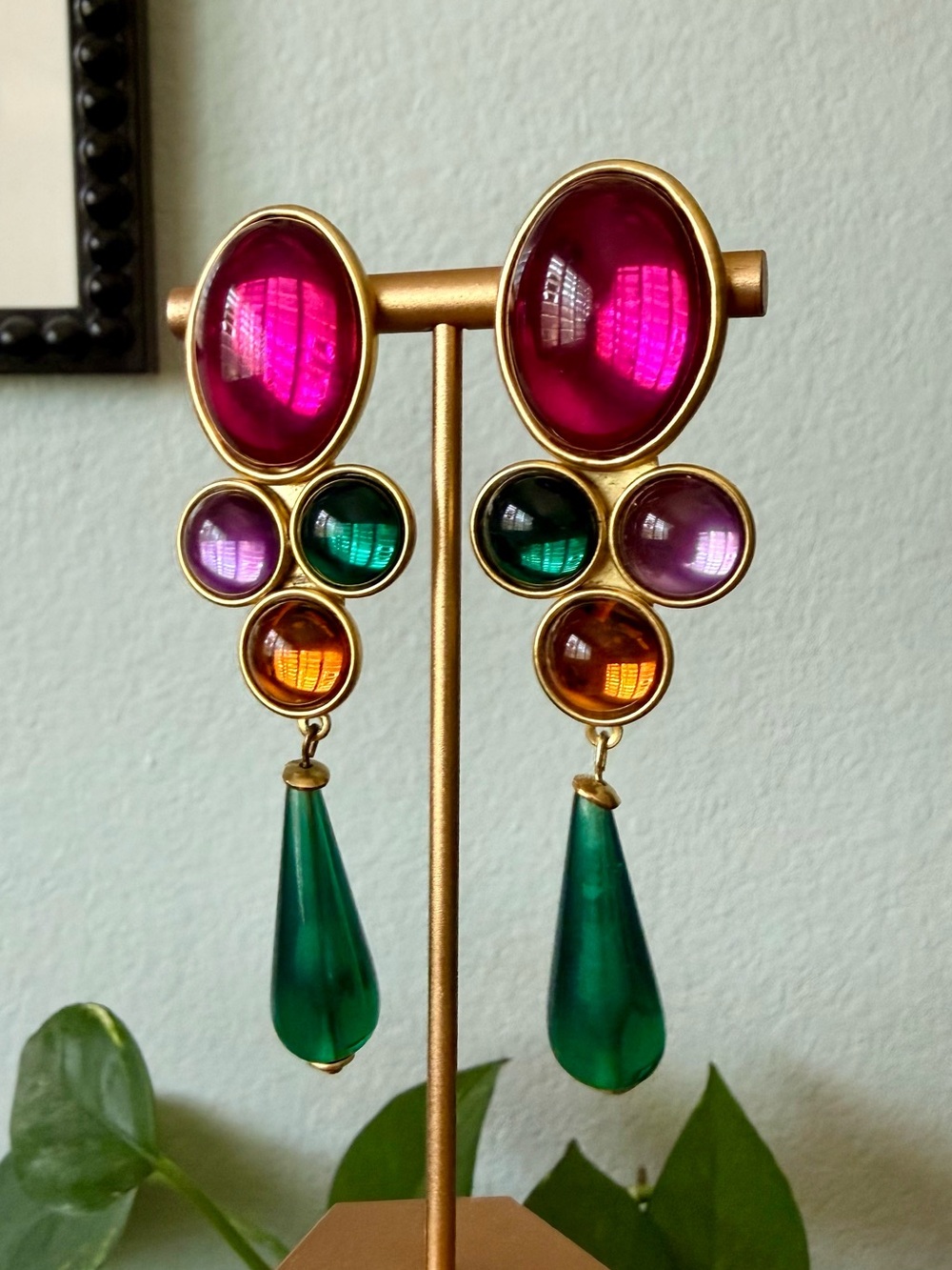 Vintage 80s Acrylic Matte Gold Dangle Cabochon Clip on Earrings Multicolor Drop